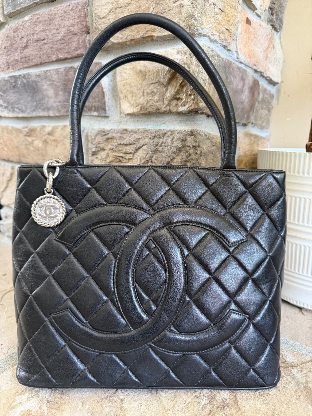 Chanel Lambskin Quilted Leather Medallion Tote Bag - Black